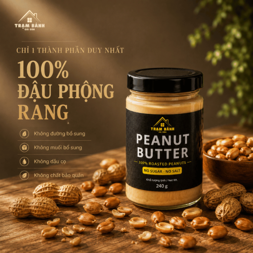 Bơ Đậu Phộng 100% Rang Xay | Không Đường Không Muối | Giàu Protein | Hũ 240g