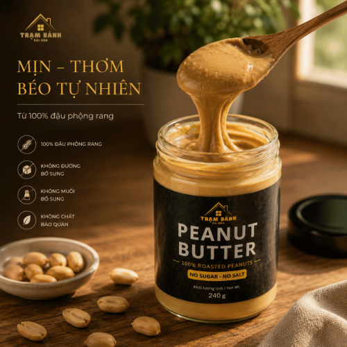 Bơ Đậu Phộng 100% Rang Xay | Không Đường Không Muối | Giàu Protein | Hũ 240g
