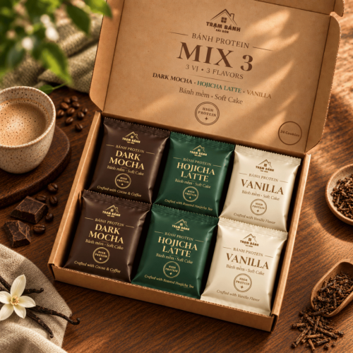 HỘP 24 Bánh Protein Mềm Mix 3 Vị Dark Mocha - Hojicha Latte - Vanilla – Mềm Thơm, Ít Ngọt, Ăn Là Mê