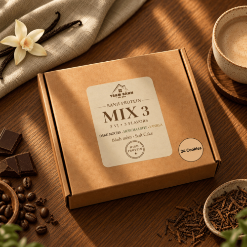 HỘP 24 Bánh Protein Mềm Mix 3 Vị Dark Mocha - Hojicha Latte - Vanilla – Mềm Thơm, Ít Ngọt, Ăn Là Mê