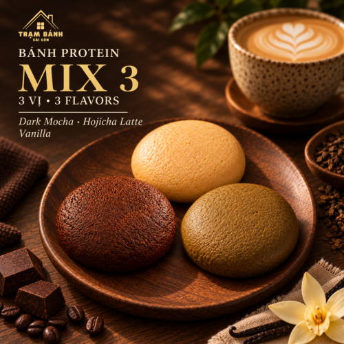 HỘP 24 Bánh Protein Mềm Mix 3 Vị Dark Mocha - Hojicha Latte - Vanilla – Mềm Thơm, Ít Ngọt, Ăn Là Mê